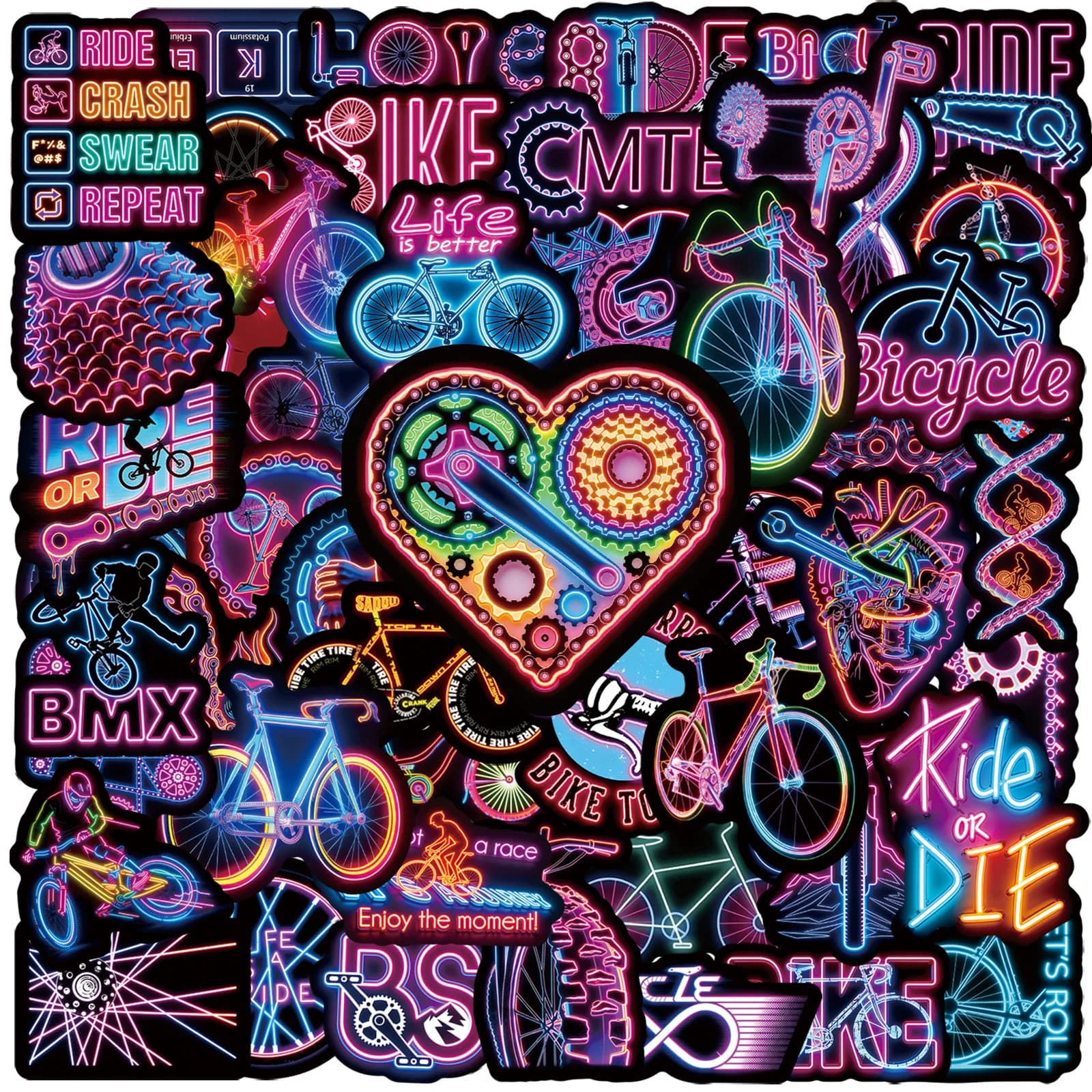 50/100 Pezzi Adesivi Neon per Bici da Esterno, Decalcomanie Impermeabili per Tazze, Laptop, Chitarre, Caschi, Cancelleria, Arte e Avventura