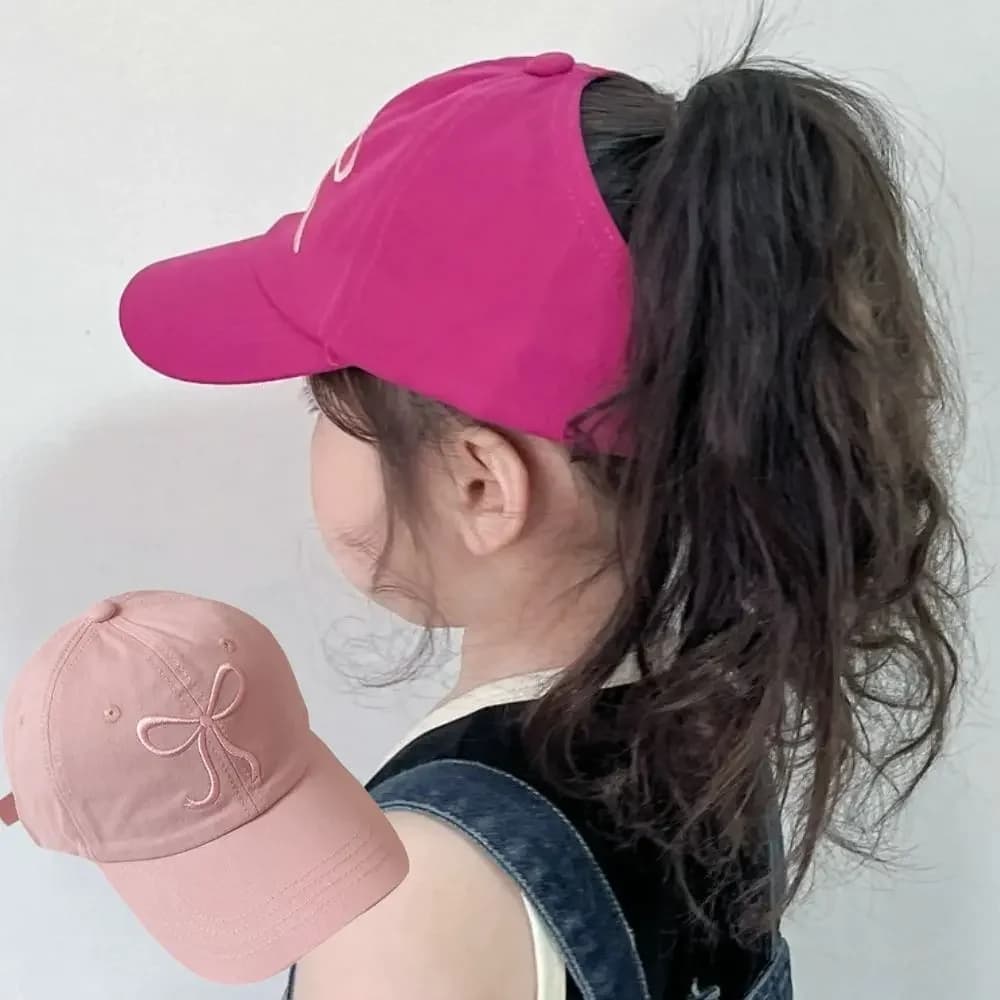 Nuovo Cappellino da Baseball per Bambina con Fiocco, Rosa e Bianco, Cappello da Sole per Bambini con Coda di Cavallo Alta, Cappelli da Sole Regolabili per Bambini, Cappellini da Viaggio per Esterni