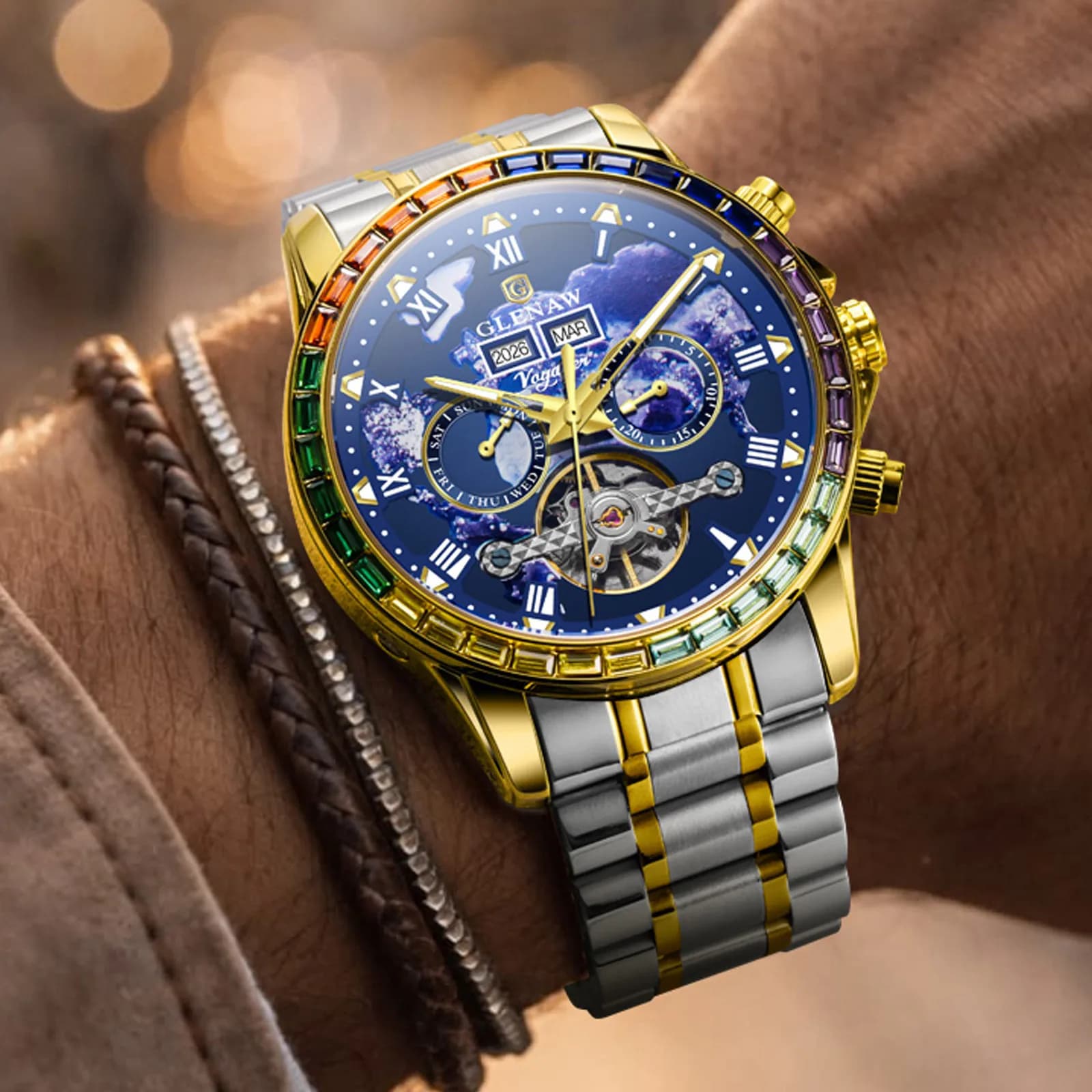 Orologio Meccanico GLENAW Design 2026 Nuovo Calendario da Uomo, Lusso, Quadrante Unico Arcobaleno, Luce Notturna, Impermeabile, Automatico