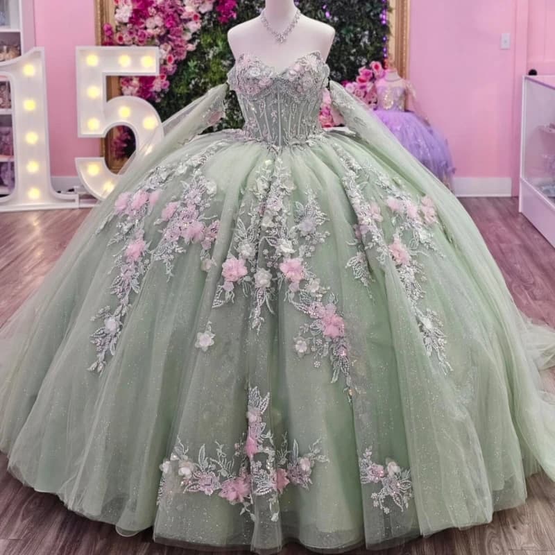 Abiti Quinceanera verdi lucidi con spalle scoperte Applique con perline di fiori Abito in tulle di cristallo con corsetto per feste di compleanno dolce 16