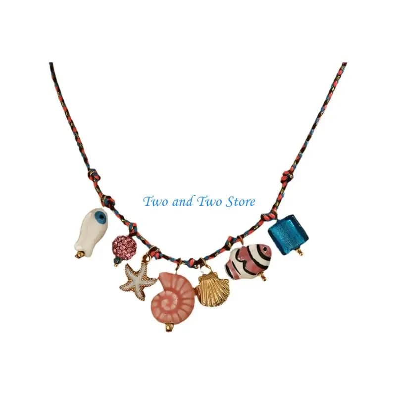 HX6F Braided Cord Ocean Necklace with Ceramic Marine for Outfits