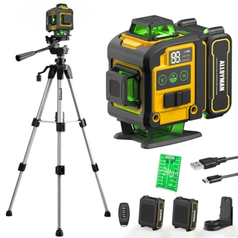 Livella Laser Autolivellante 4x360 con Treppiede, Strumento Laser a Linea Verde per Appendere Quadri, Piastrelle, Ristrutturazioni Domestiche, Uso Interno (Incluso)