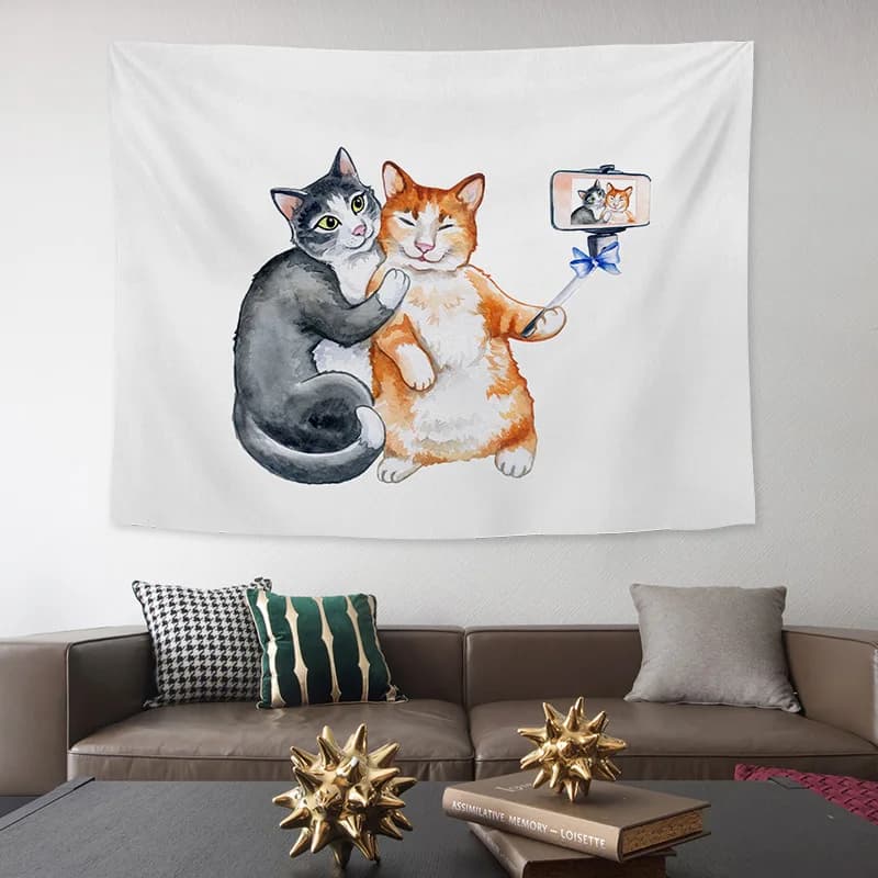 Cat background fabric digital-printed polyester tapestries living rooms bedrooms macrame wall hanging room decor aesthetic