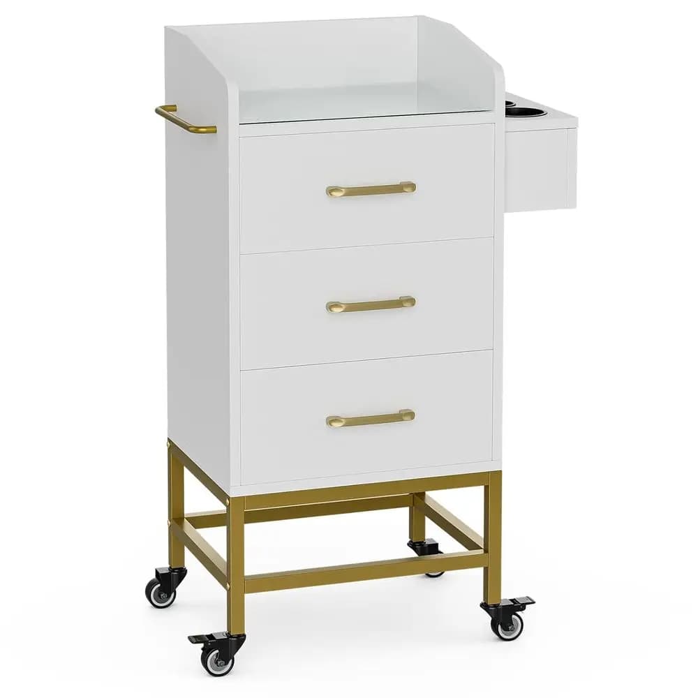 Carrello per Parrucchiere con Piano in Vetro, Porta Asciugacapelli, Ruote Bloccabili, Bianco
