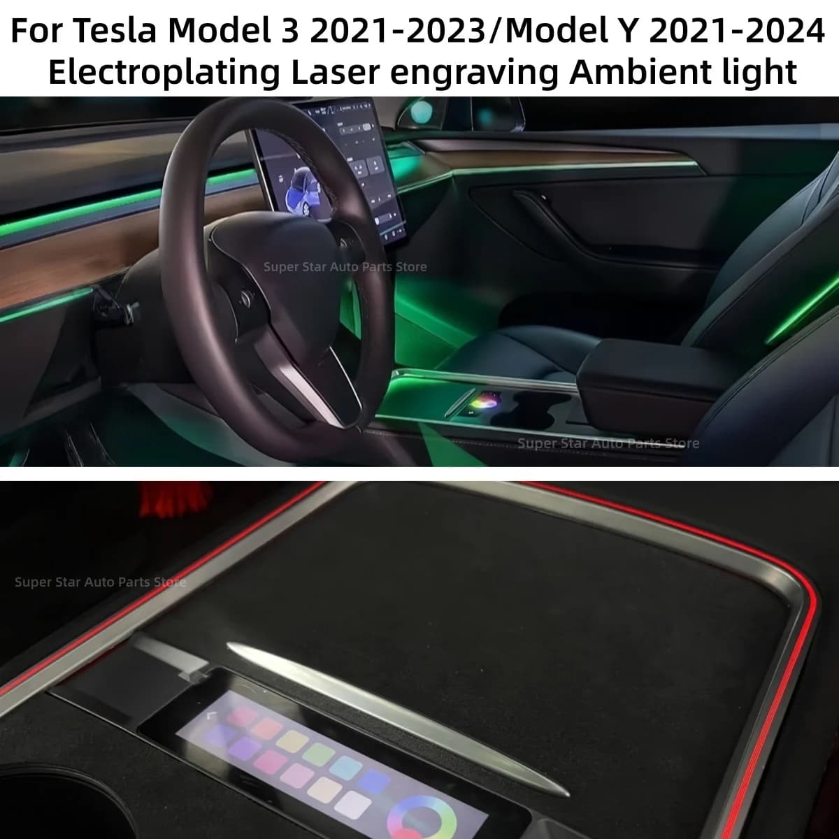Striscia decorativa per schermo LCD con controllo luce ambientale, incisione laser e galvanizzazione, per Tesla Model 3 2021-2023/Model Y 2021-2024, versione RHD/LHD