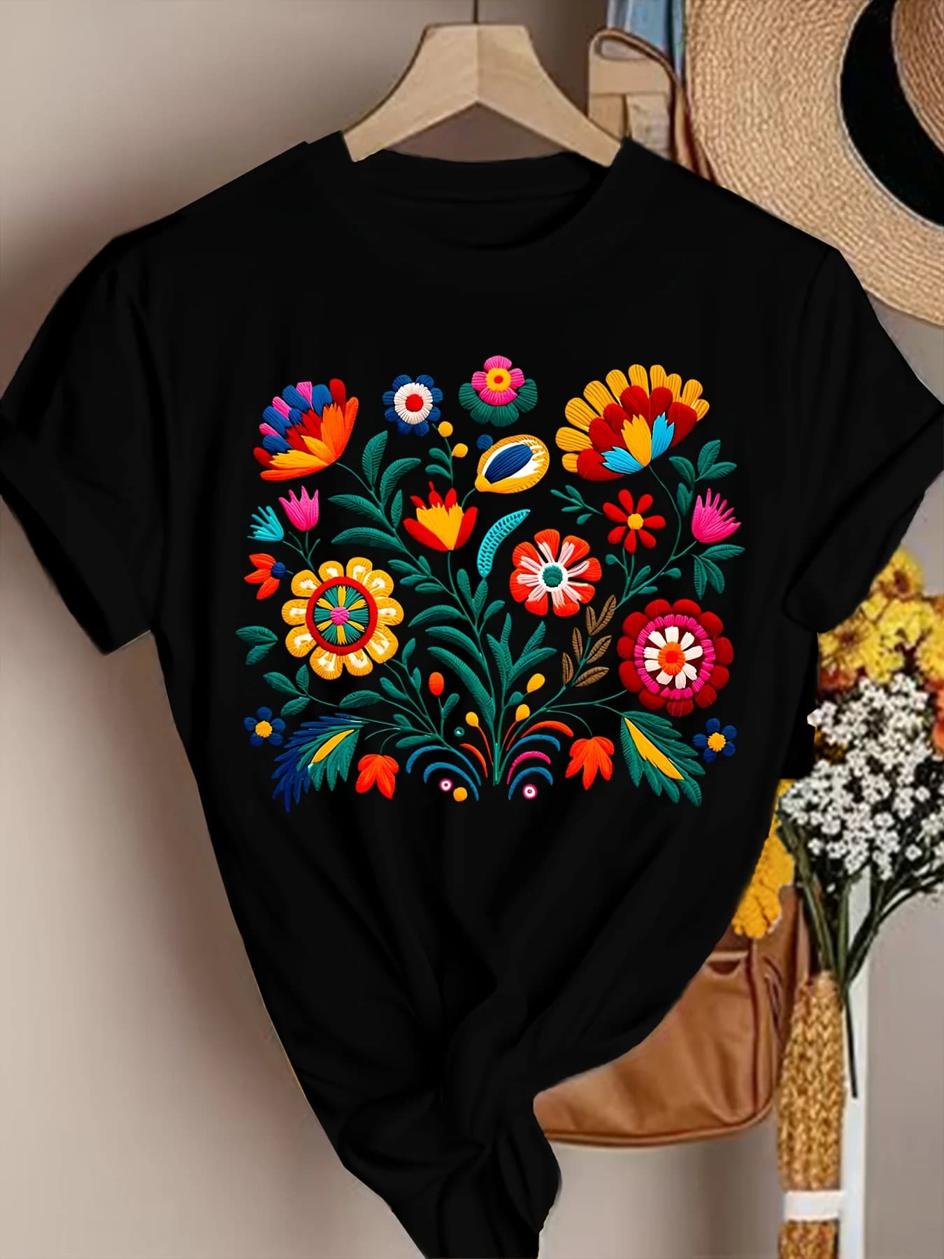 Women's T-shirt Adorned with Mexican Flowers—a Vibrant Folk Art Design, Black Casual Top.graphic T Shirts Women Clothing Y2K Top