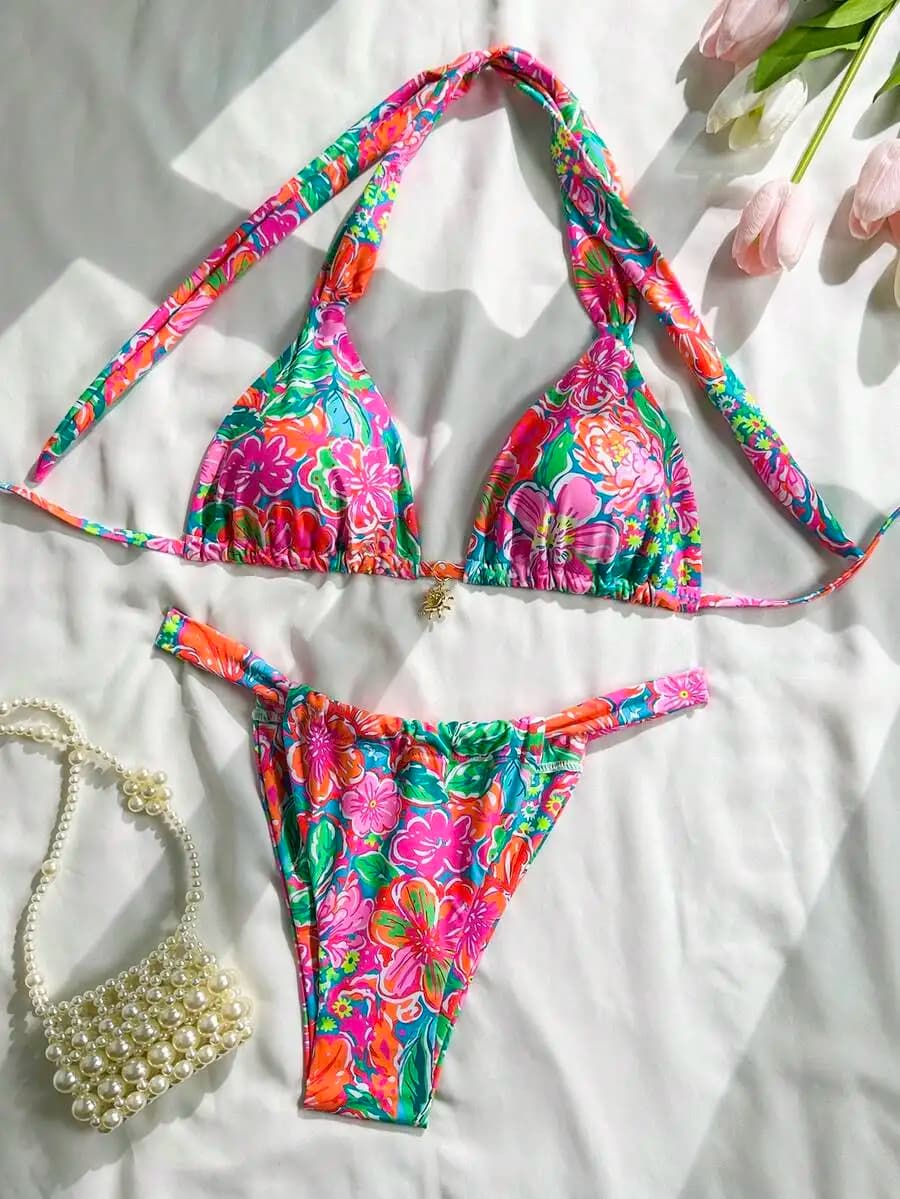 Set Bikini Triangolo con Stampa Floreale e Allacciatura al Collo, Costume da Bagno Estivo da Donna, Due Pezzi Colorati
