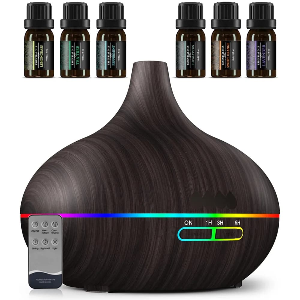 Umidificatore Nero Silenzioso 23dB Senza BPA per Aromaterapia, con Luce Notturna a LED Colorata 7x2, 1 Set Diffusore di Oli Essenziali con 6 oli da 10ml