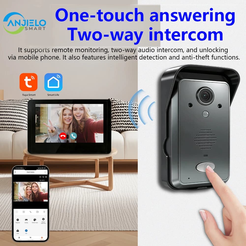 ANJIELO 1080P intelligent wireless video intercom with two-way communication for apartments and buildings, compatible with the TUYA app