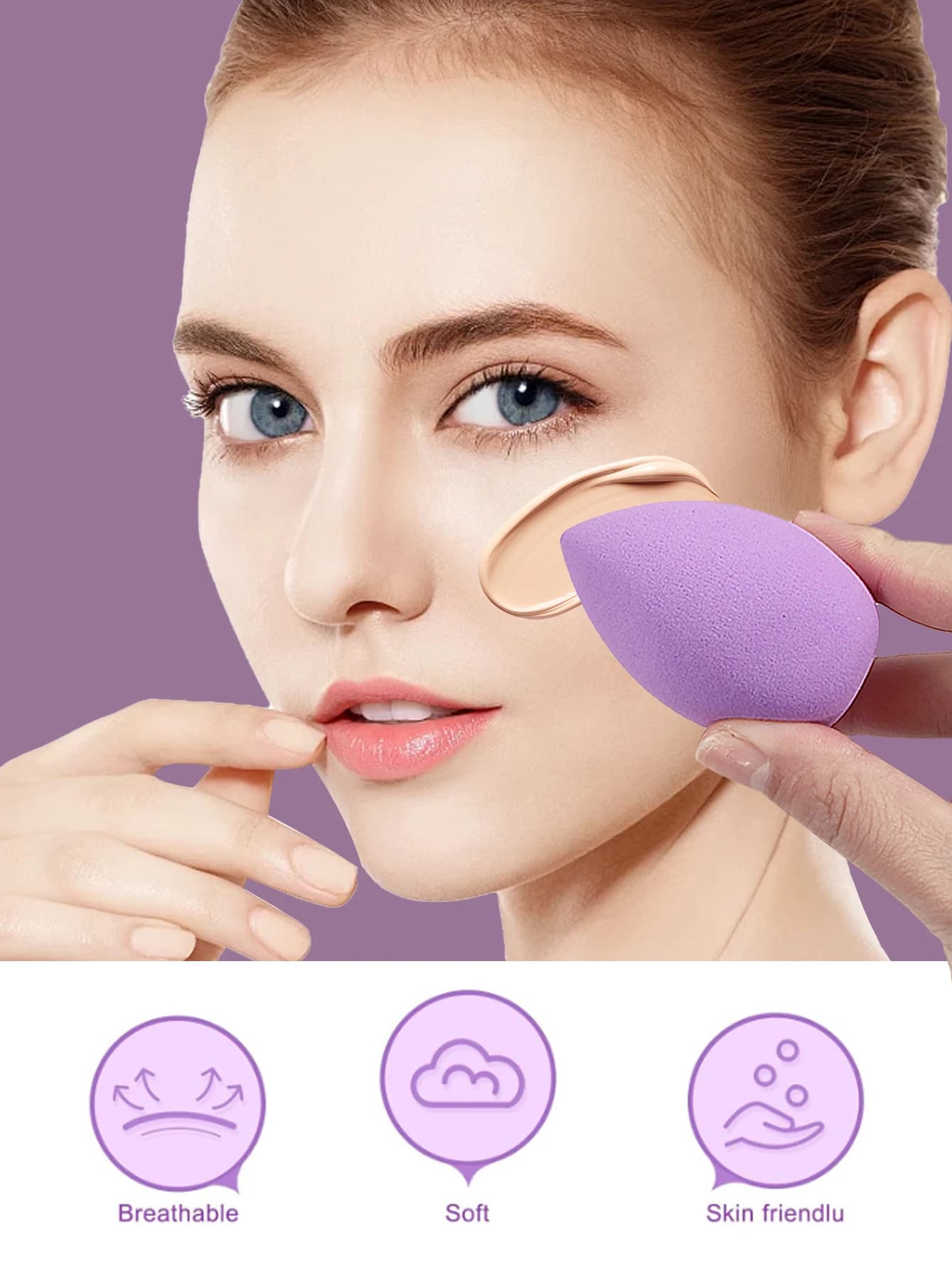 The 17-piece purple makeup brush set includes a multifunctional brush for the face/sponge shaped as an egg/piumino fan.