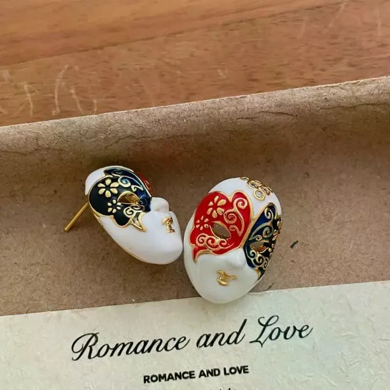 Unique Design Multicolor Enamel Mask Facial Make-up Face Drop Earrings For Women Real Gold Plated Alloy Statement Jewelry