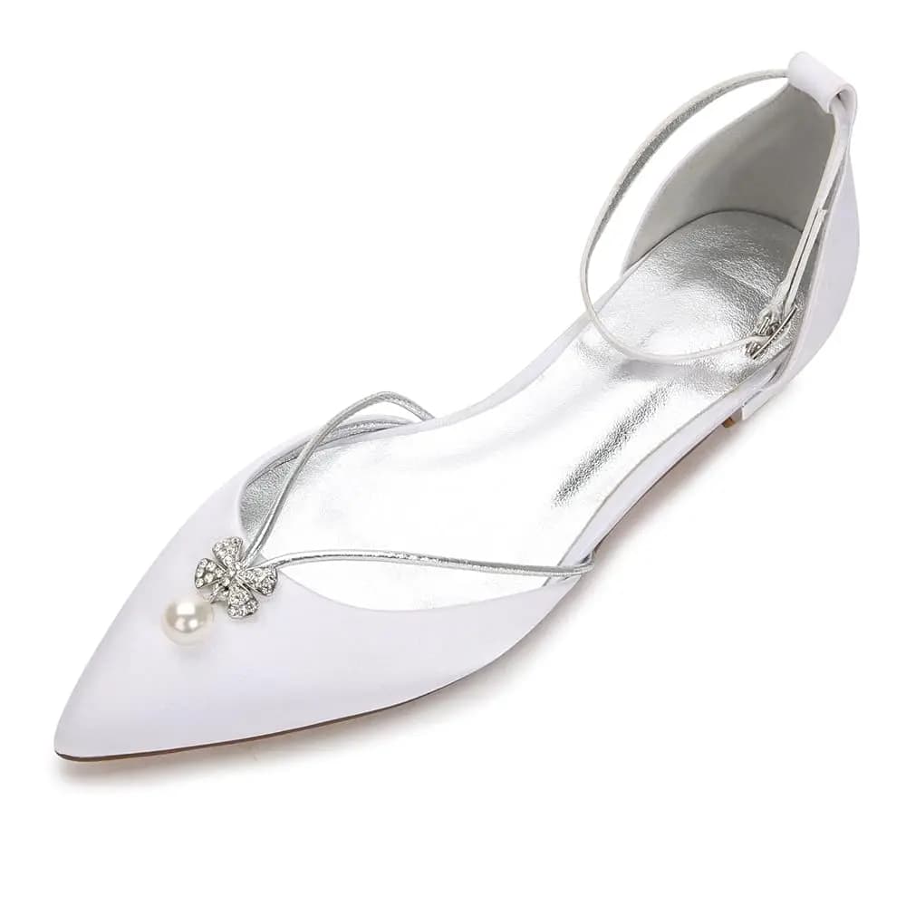 Eleganti Scarpe Basse da Donna con Punta Affusolata in Raso con Perle e Cristalli