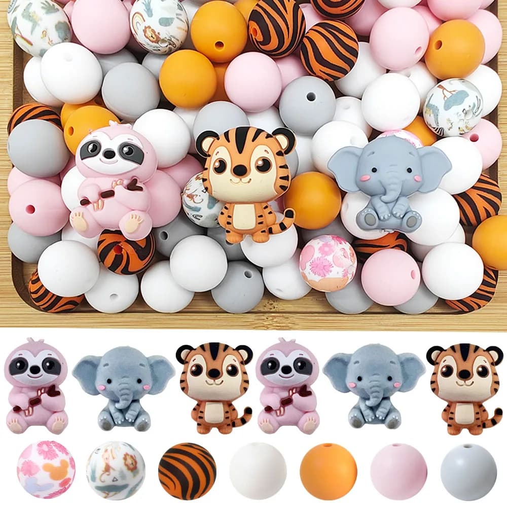 25/55 pezzi set di perline in silicone con tigre elefante bradipo, perfetto per l'artigianato fatto a mano fai da te come portachiavi, collane, bracciali, ecc.