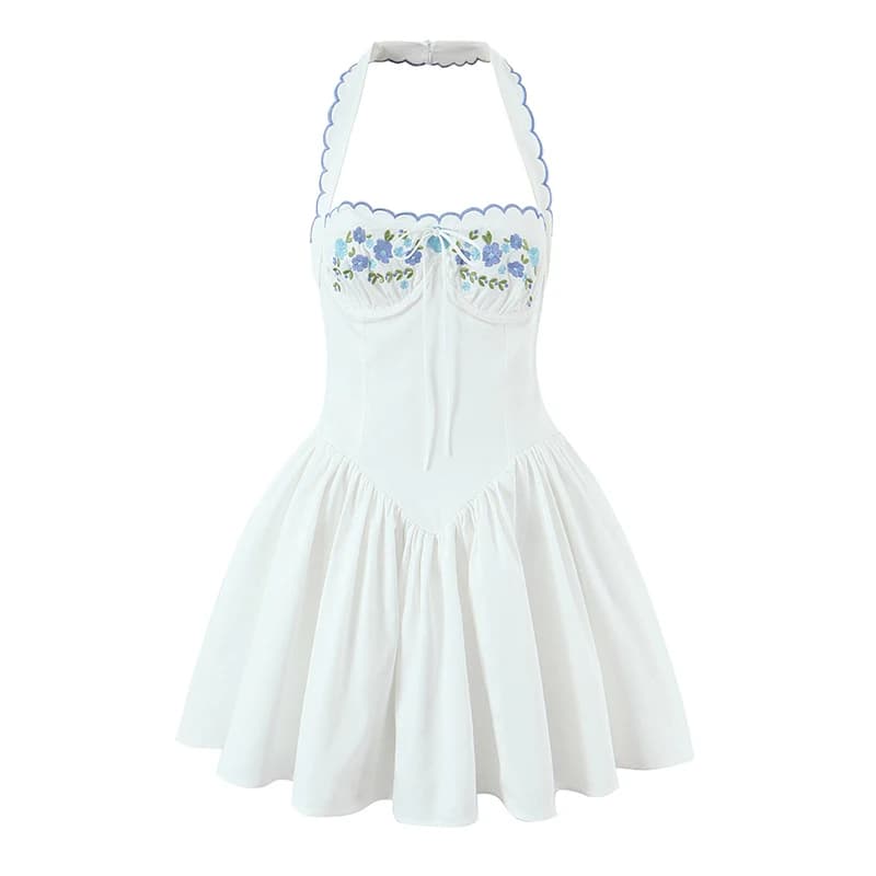 YENKYE Abito bianco ricamato con scollo all'americana sexy senza schienale per le donne Elegante mini abiti a vita bassa con linea a trapezio Abito da festa estivo