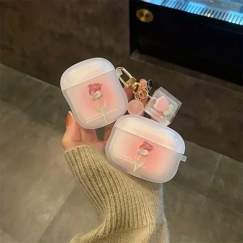 Elegante custodia per AirPods Sfumato Rose con ciondolo a tulipano per Airpods Pro 2/Pro con cover portachiavi per Airpods 4 2024 1 o 2 /3