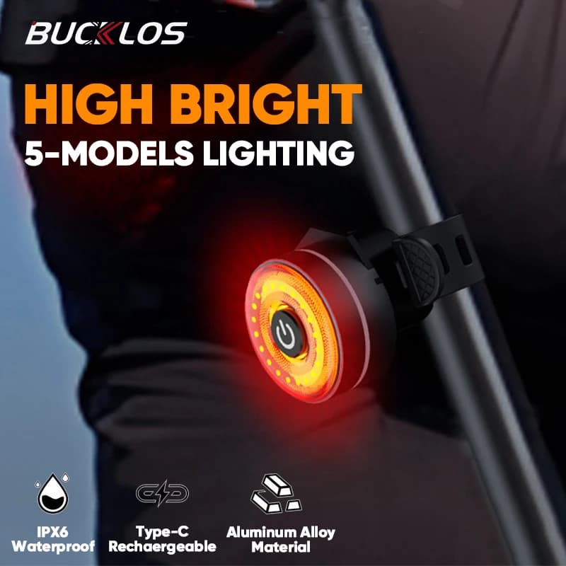 BUCKLOS Luce posteriore per bici Lega di alluminio Fanale posteriore per bicicletta di base/sensibile Tipo-C Lampada ricaricabile per ciclismo su strada MTB IPX5 Impermeabile