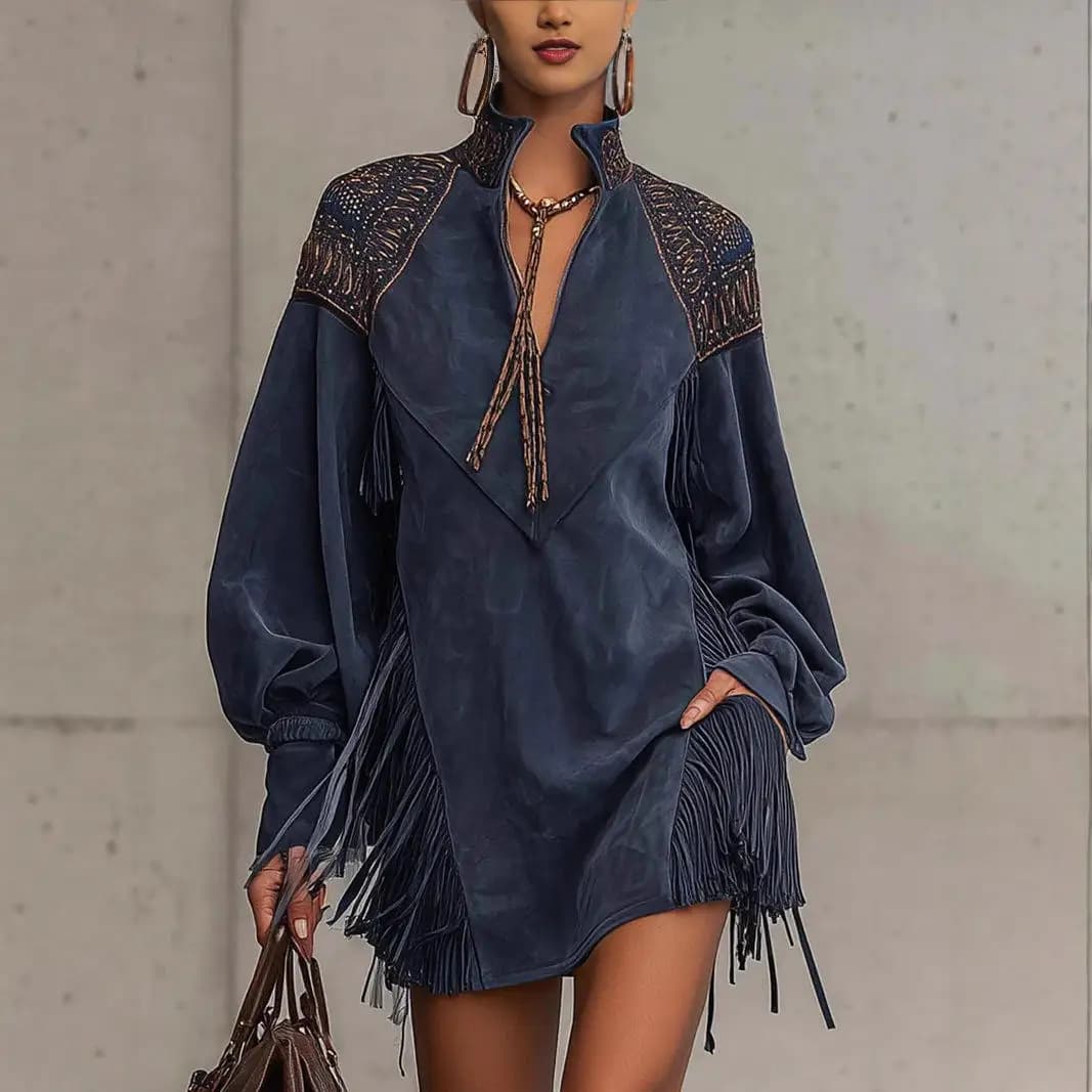 Elegant Long Sleeve V-Neck Tassel Embroidered Dress Women's High Waist A-Line Skirt Autumn Season Polyester Fiber Lantern Sleeve