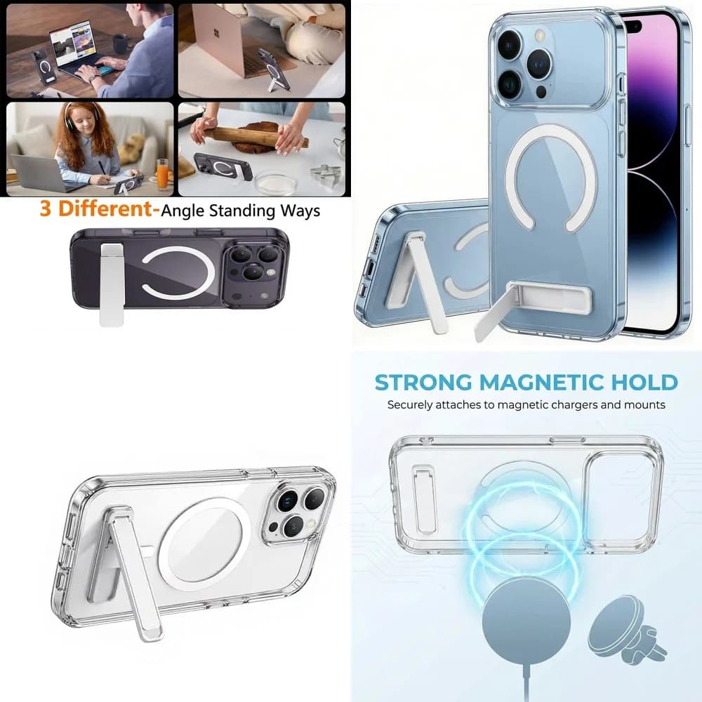 Clear Magnetic Phone Case Foldable Stand Drop Protection HD Transparent for iPhone 16 17 15 14 Plus 13 mini 12 11 Pro Max