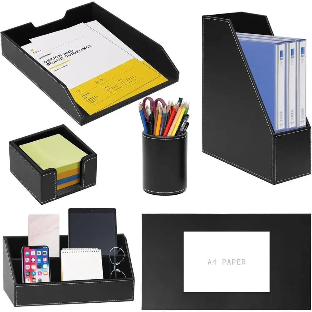 Set di 6 organizer da scrivania: tavoletta da scrittura in pelle, vassoio porta carta, portariviste, portapenne, porta foglietti adesivi, organizer per posta per ufficio