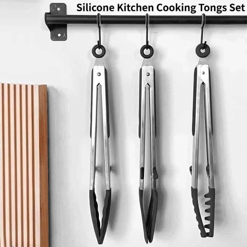 Set di 3 Pinze da Cucina in Silicone e Acciaio Inox, Antiaderenti e Antiscivolo, per BBQ, Insalata e Griglia