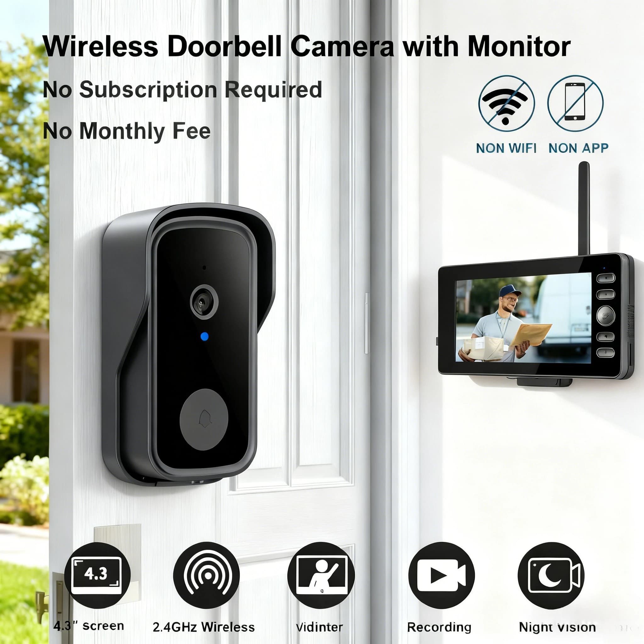 Videocamera per campanello con schermo da 4,3 pollici Citofono audio a 2 vie Video Visione notturna Sveglia per porta digitale Peepholes Campanello per porta wireless per casa intelligente