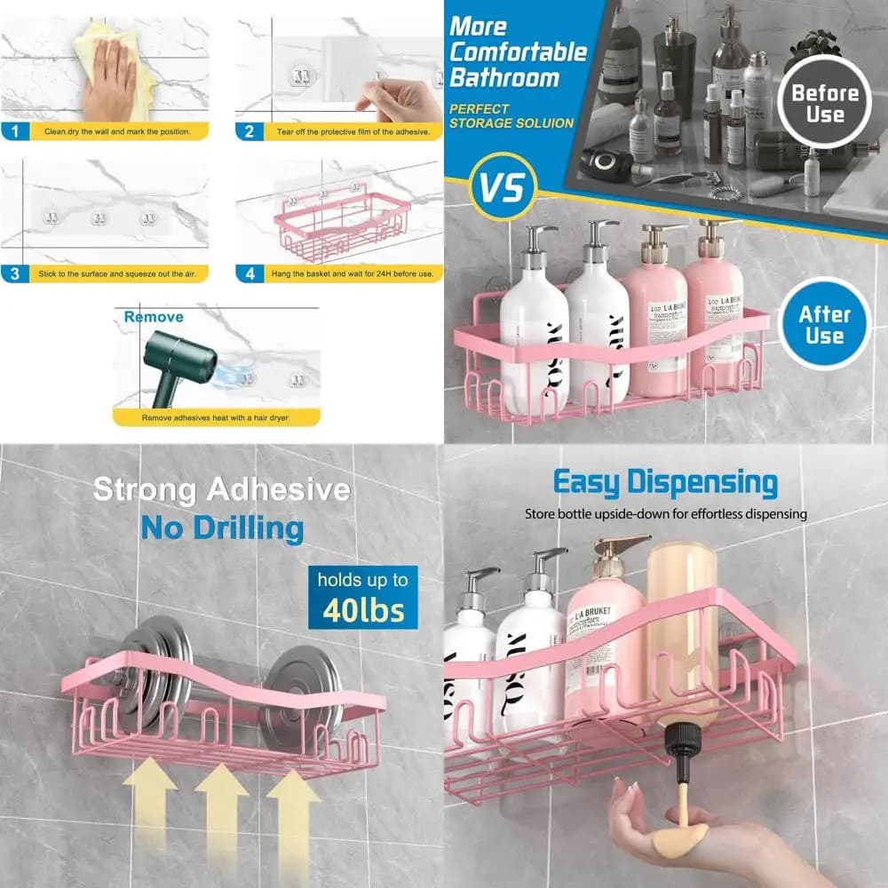 Set contenitore per doccia rosa da 5 pezzi, organizer da bagno antiruggine con ripiani, portasapone e portaspazzolino, accessori da bagno senza trapano