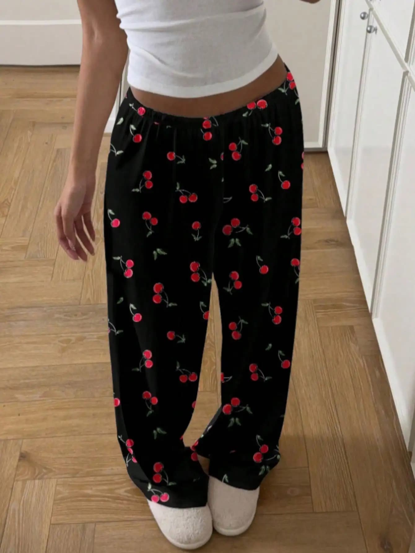 Black Cherry Print Loose Pajama Pants with Elastic Waist for Women, Casual Lounge Wear