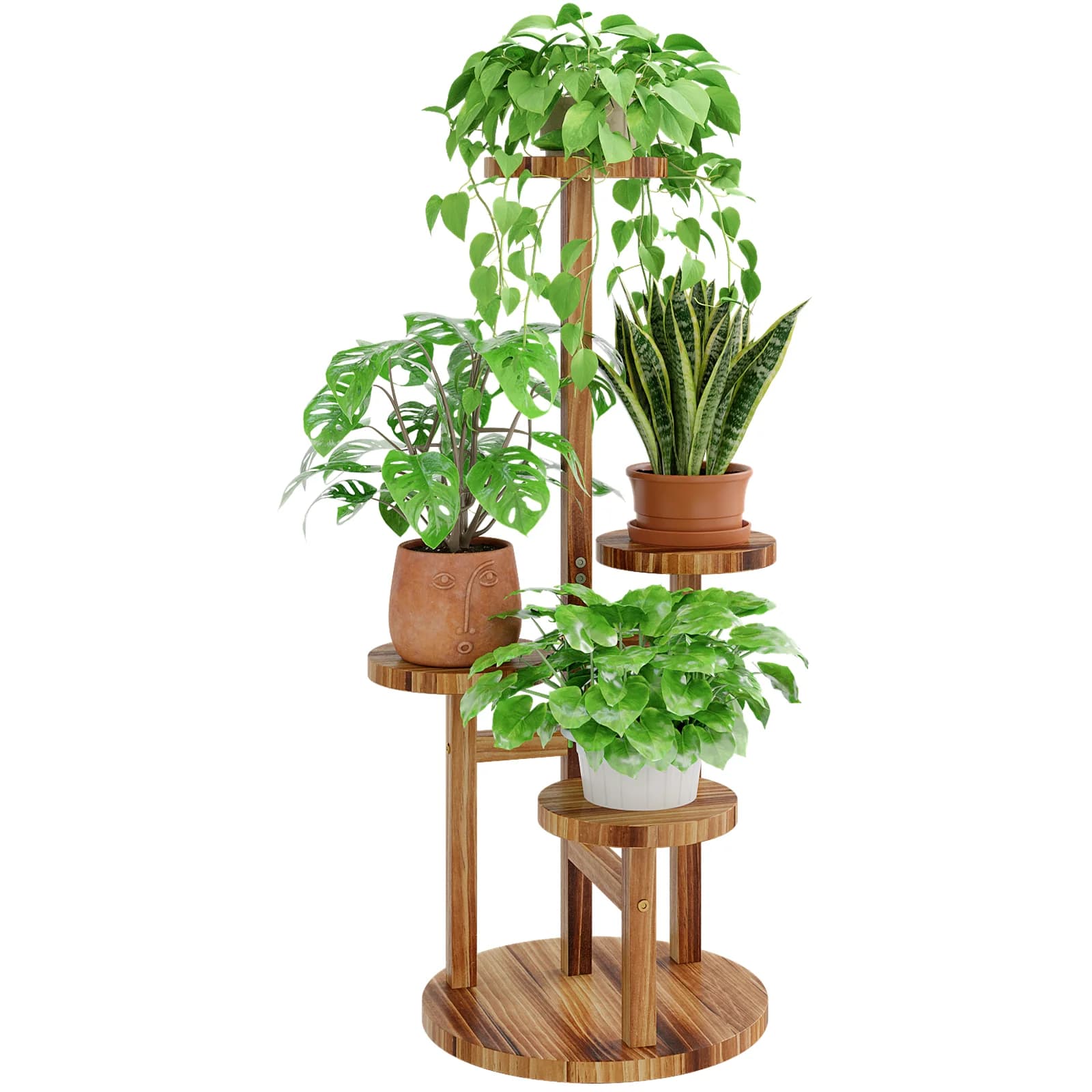 Bamworld Porta Piante a 4 Livelli in Legno, Supporto Alto Angolare Rotondo per Fiori, per Interni ed Esterni, Soggiorno, Patio, Giardino, Balcone