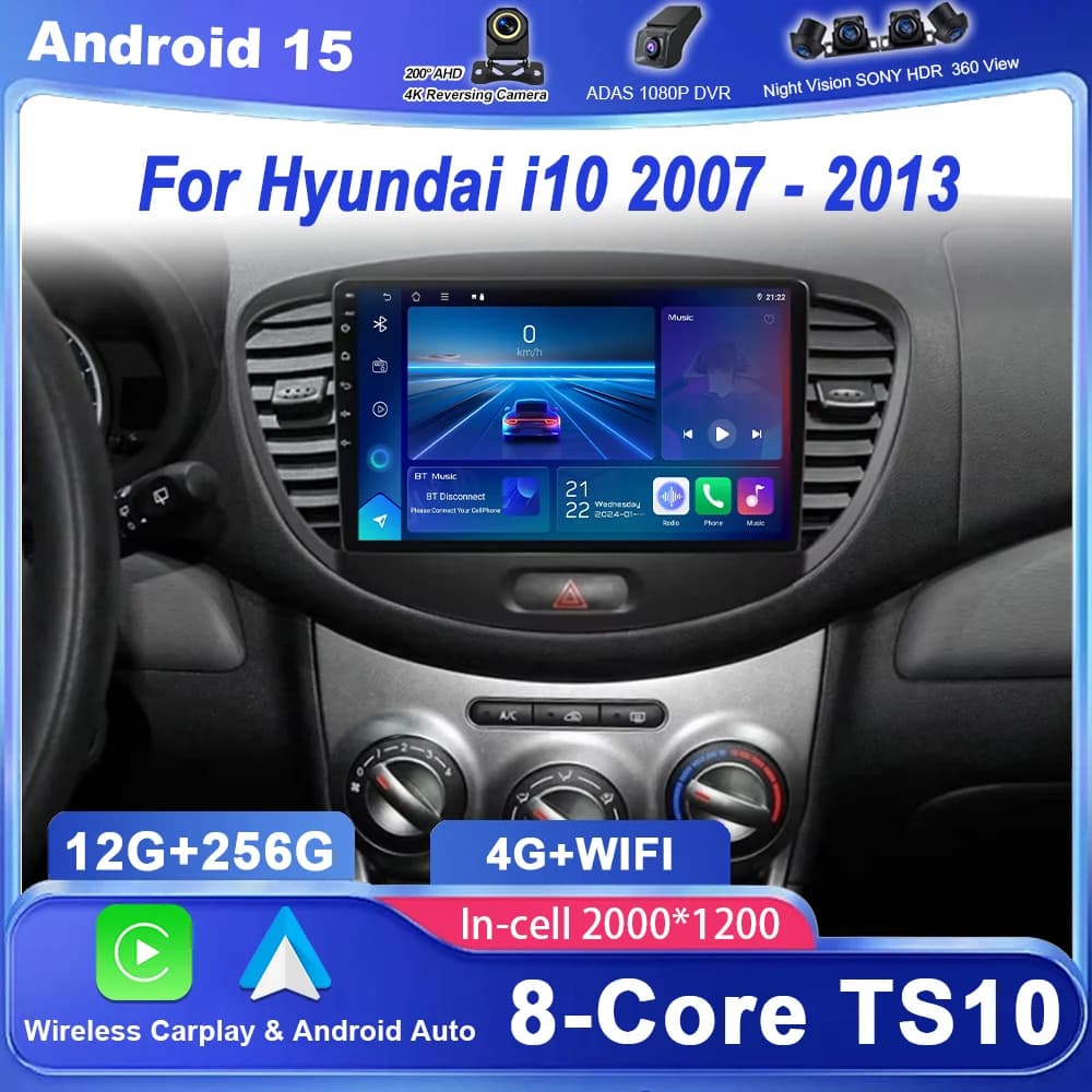 Android 15 Auto DVD Per Hyundai i10 2007 2008 2009 2010-2013 Auto Radio Stereo Lettore Multimediale di Navigazione GPS 2din 4G Carplay