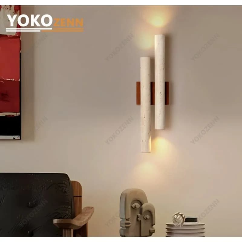 Lampada da Parete YOKO Vintage a Forma di Barra Lunga in Travertino Giallo, Illuminazione in Pietra Naturale Wabi-Sabi per Comodino e Arredo Soggiorno