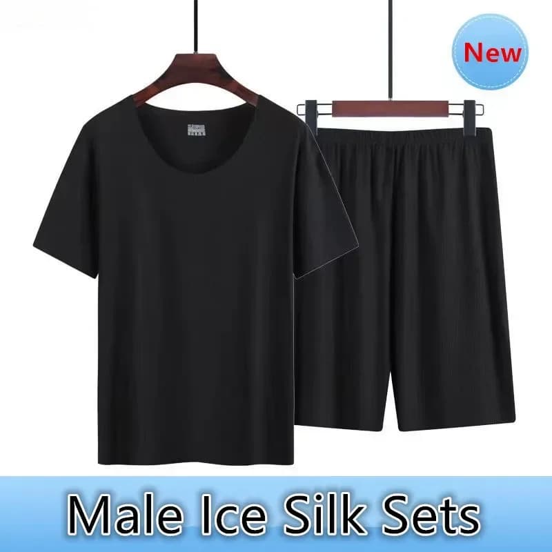 Pigiama sottile estivo da uomo Completo da casa Pantaloncini a maniche corte senza cuciture Set di indumenti da notte Indumenti da notte da uomo in seta ghiacciata senza traccia