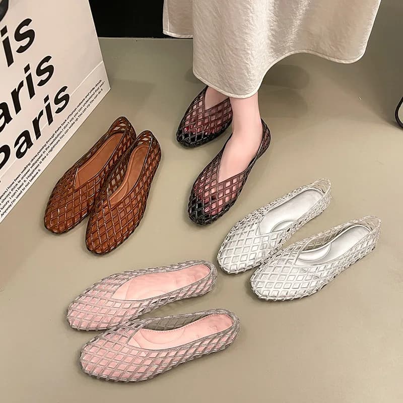 omens Summer Flat Jelly Sandals Fishnet Hollow-out Pointed Toe Slip-on Shoes Comfortable Breathable Crystal Casual Beach Walking