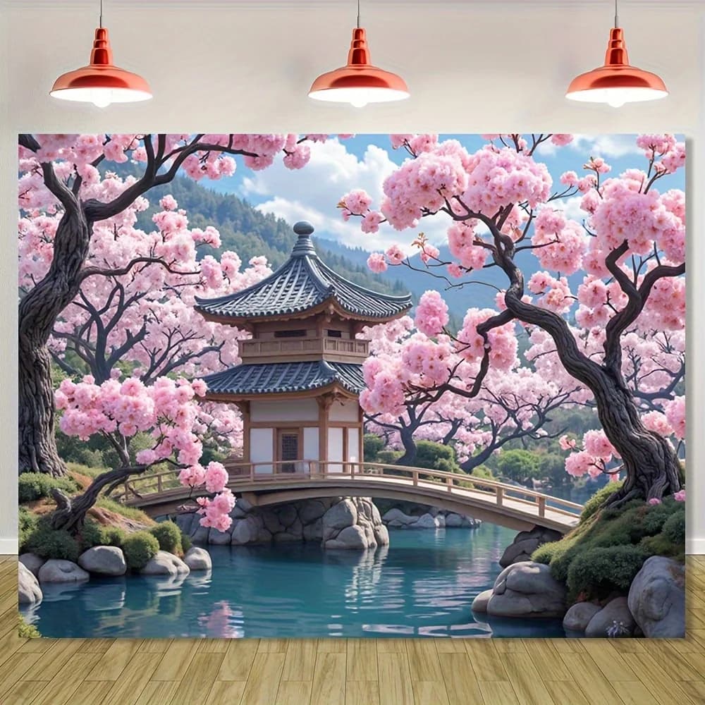 Japanese Garden Tapestry, Cherry Blossom Trees and Pagoda by Bridge, Scenic Landscape Wall Hanging for Home Dorm Background