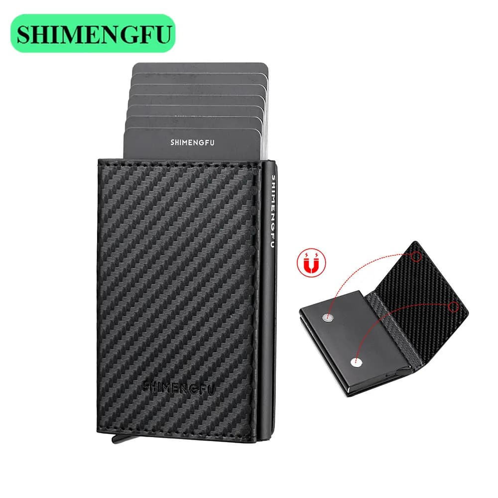 Men's RFID Blocking Wallet Metal Leather Credit Card Holder with Smart Pop up Feature Magnetic Closure ID Window And Cash Pocket