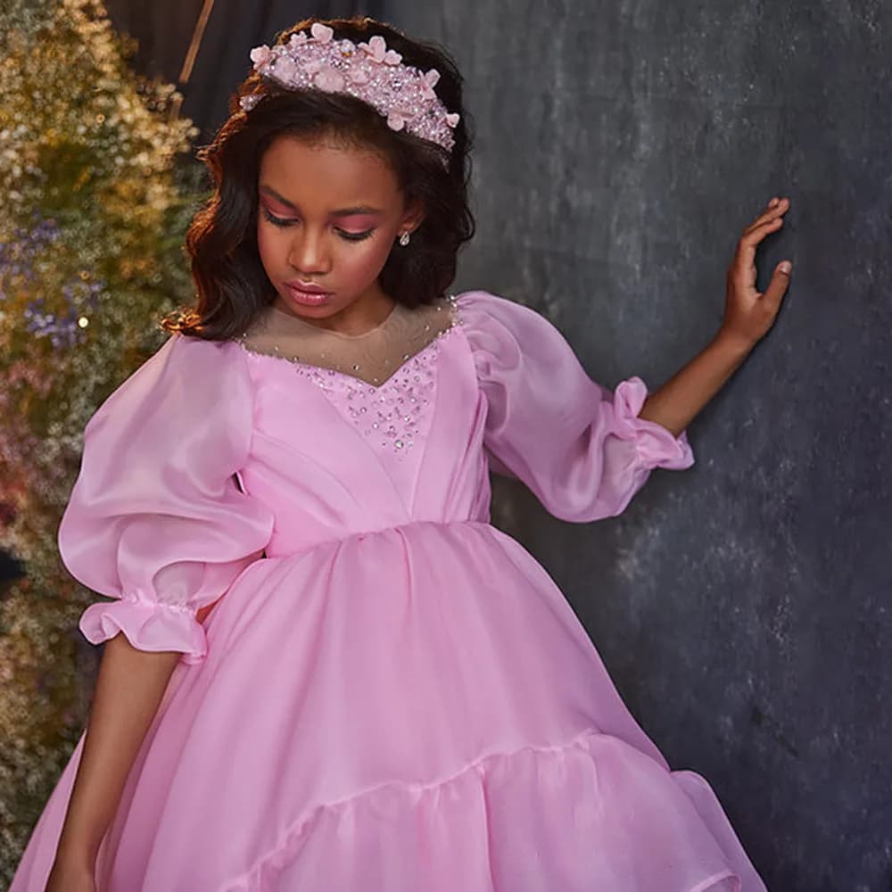 Abito da ragazza di fiori personalizzato per matrimonio, applique in tulle gonfio, mezza manica, volant, primo abito da festa di compleanno eucaristico per bambini