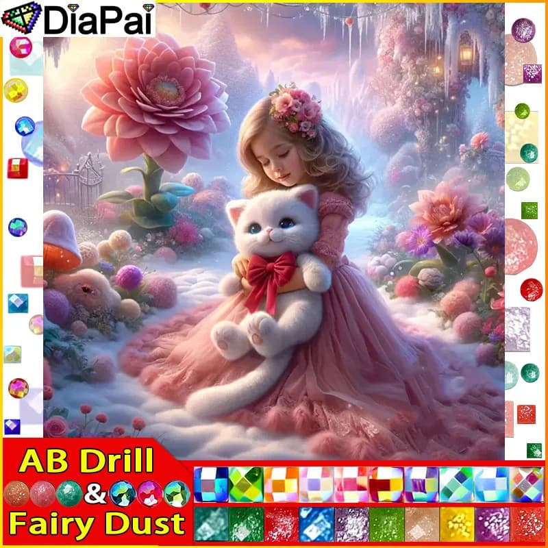 DIAPAI Fairy Dust AB Full diamond Painting"Girl Cat Flower"Resin Drill Embroidery 5D Diy Diamond Painting Handmade Cross Stitch