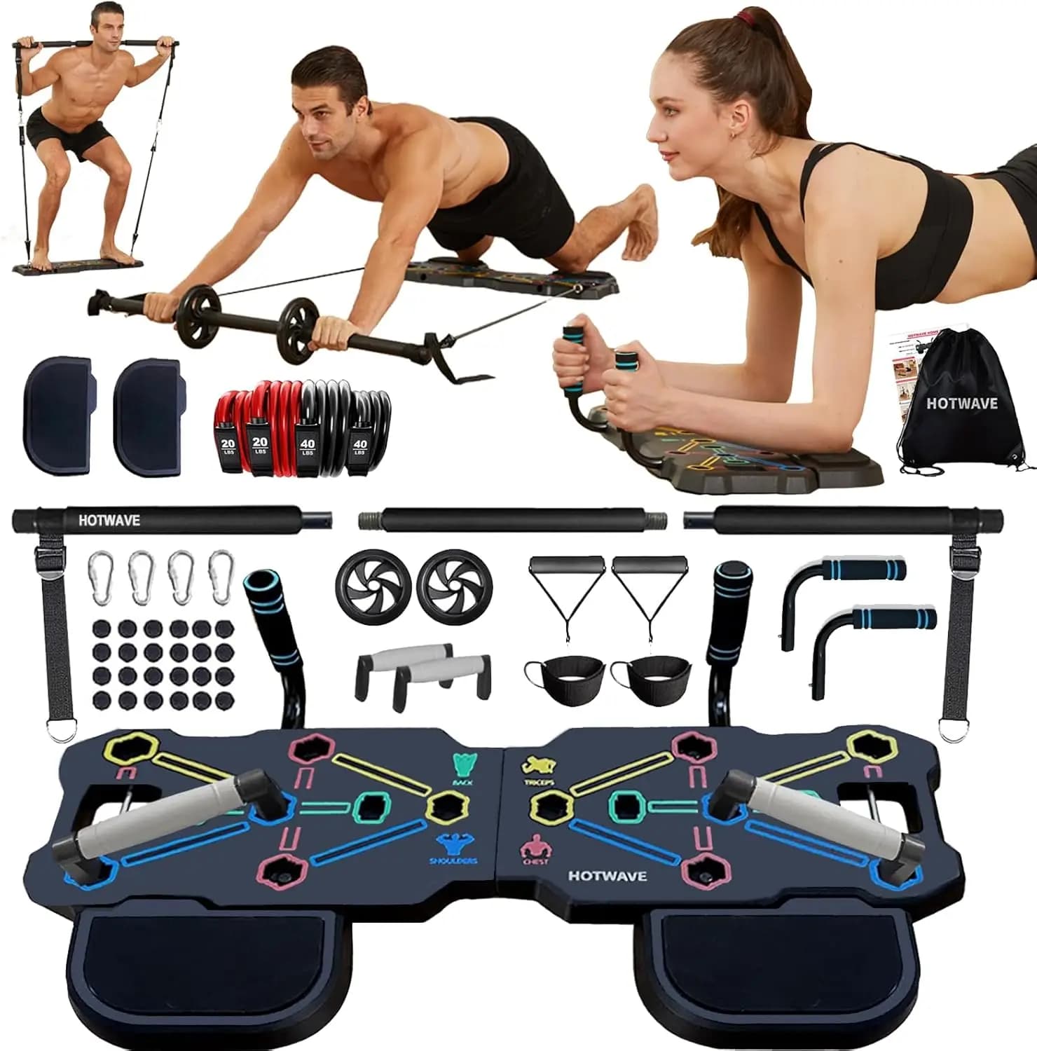 Portable Training Equipment with 20 Gym Accessories: Plank, Endurance and Wheel for Abdominal Exercises