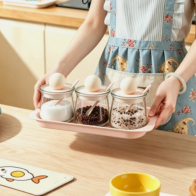 Simple Round Ball Lid Glass Spice Container Set with Tray Salt Sugar Pepper Storage Jar Modern Kitchen Table Decor Ornament