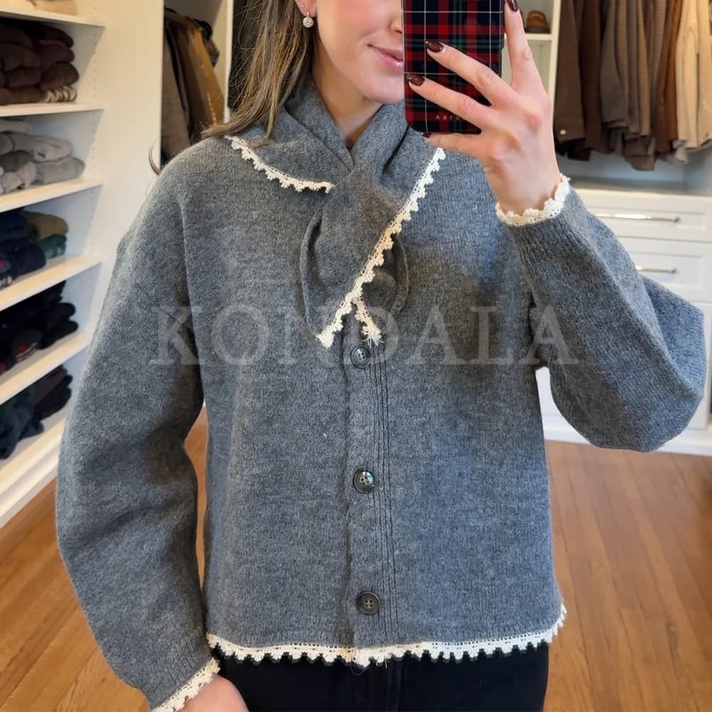 KONDALA 2026 Winter Spring Elegant Women Scarf Collar Women Coats Fashion Casual Patchwork Lace New Year Party Ladies Coats