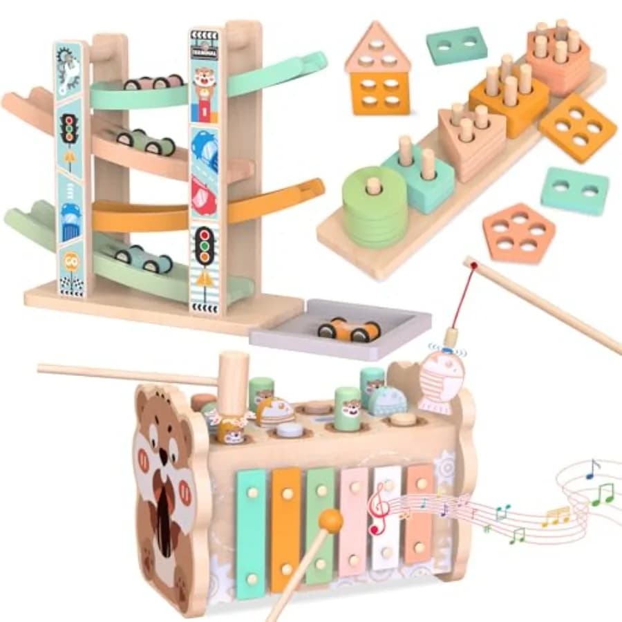 Giocattoli Montessori in legno per bambini di 1 anno: Gioco di martellare con xilofono e gioco di pesca, rampa per auto, blocchi impilabili e S