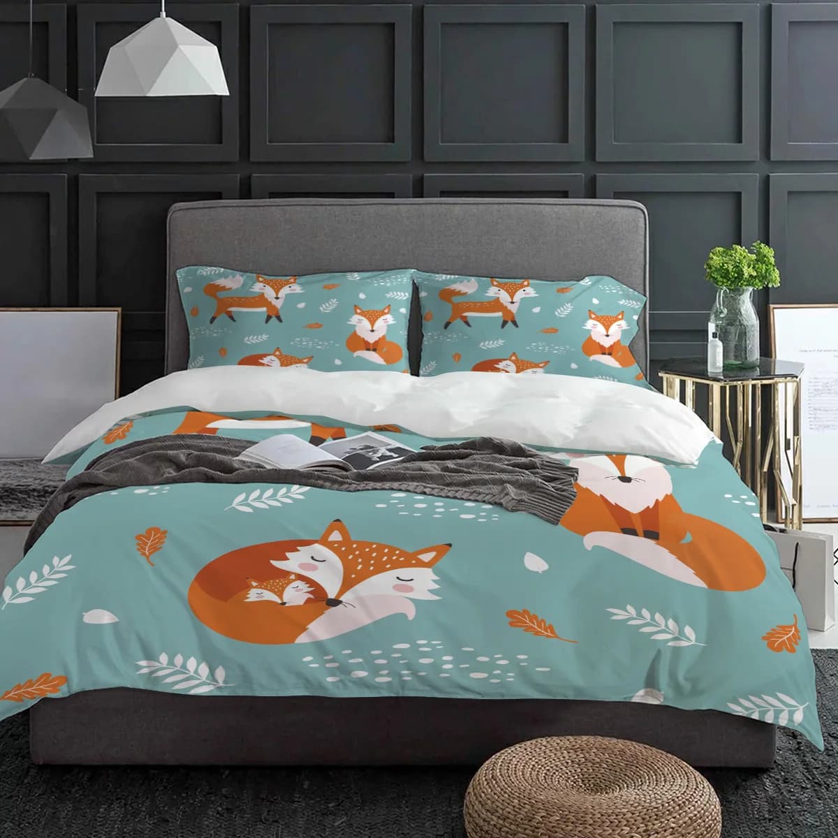 Cartoon Animal Fox Arancione Foglie blu Set biancheria da letto 3 pezzi Copripiumino Federa Bambini Copripiumino per adulti Set letto matrimoniale Tessili per la casa