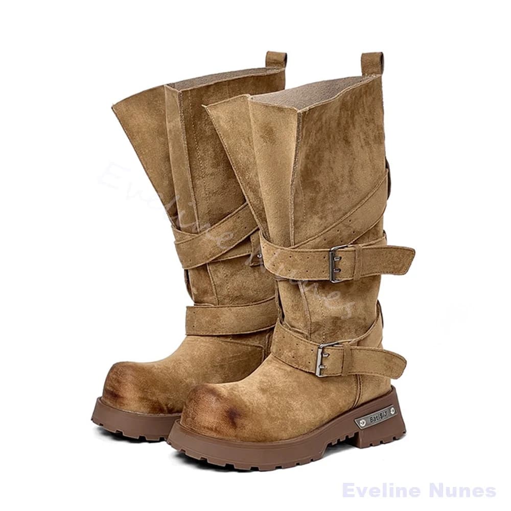 Motorcycle Boots with Buckle in Gamba Larga and Sole Spessa for Women, in Suede Leather, Round Toe, Boots with Ribbed Platform, New Sexy Boots High at Ginocchio