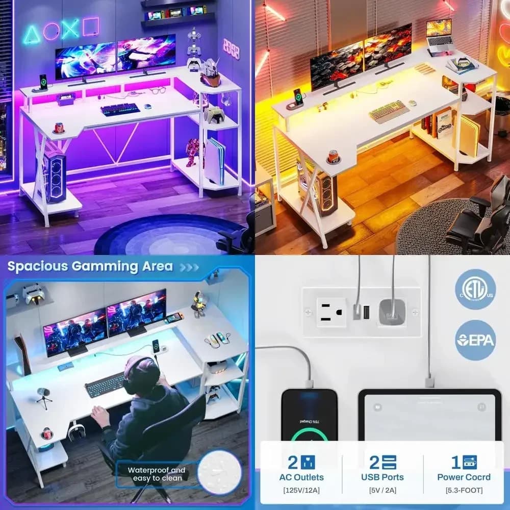 55 inch bestseller illuminated gaming desk with storage space and monitor support, including power sockets and cup holders