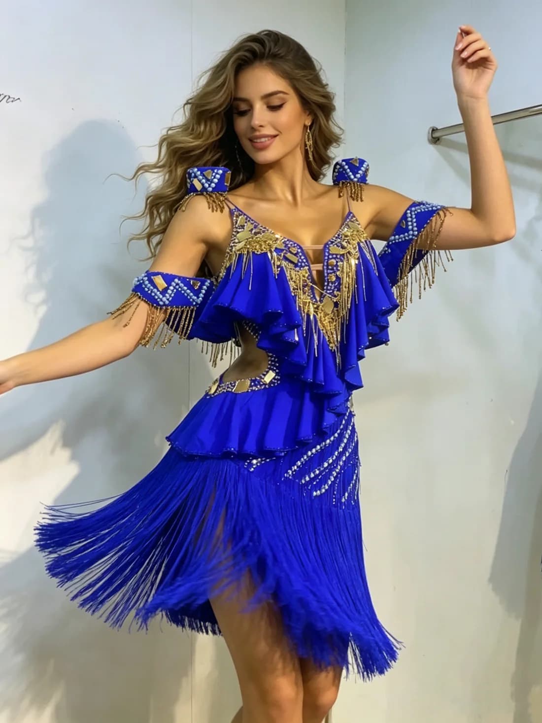 Latin Dance Competition Women's High-end Custom Floating Cloth Tassel Large Backless Sling Samba Performance Rhinestone Dress