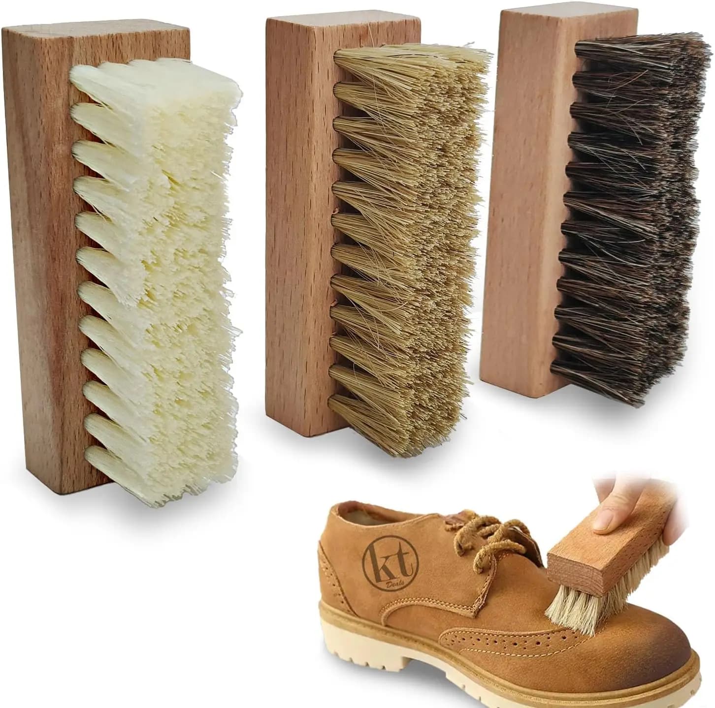 Set di 3 spazzole per la pulizia delle scarpe con setole in nylon, pelo di cinghiale e crine di cavallo per pelle, camoscio, tela