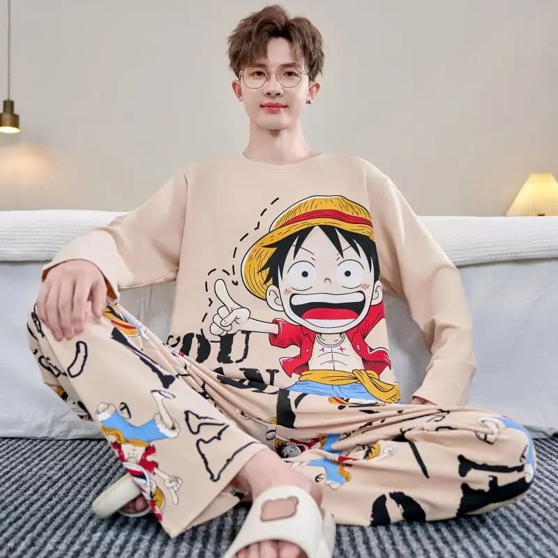 One Piece Luffy Cartoon Cute Printed Long Sleeve Pants Spring and Autumn Soft and Comfortable Youth Home Clothes Pajama Set