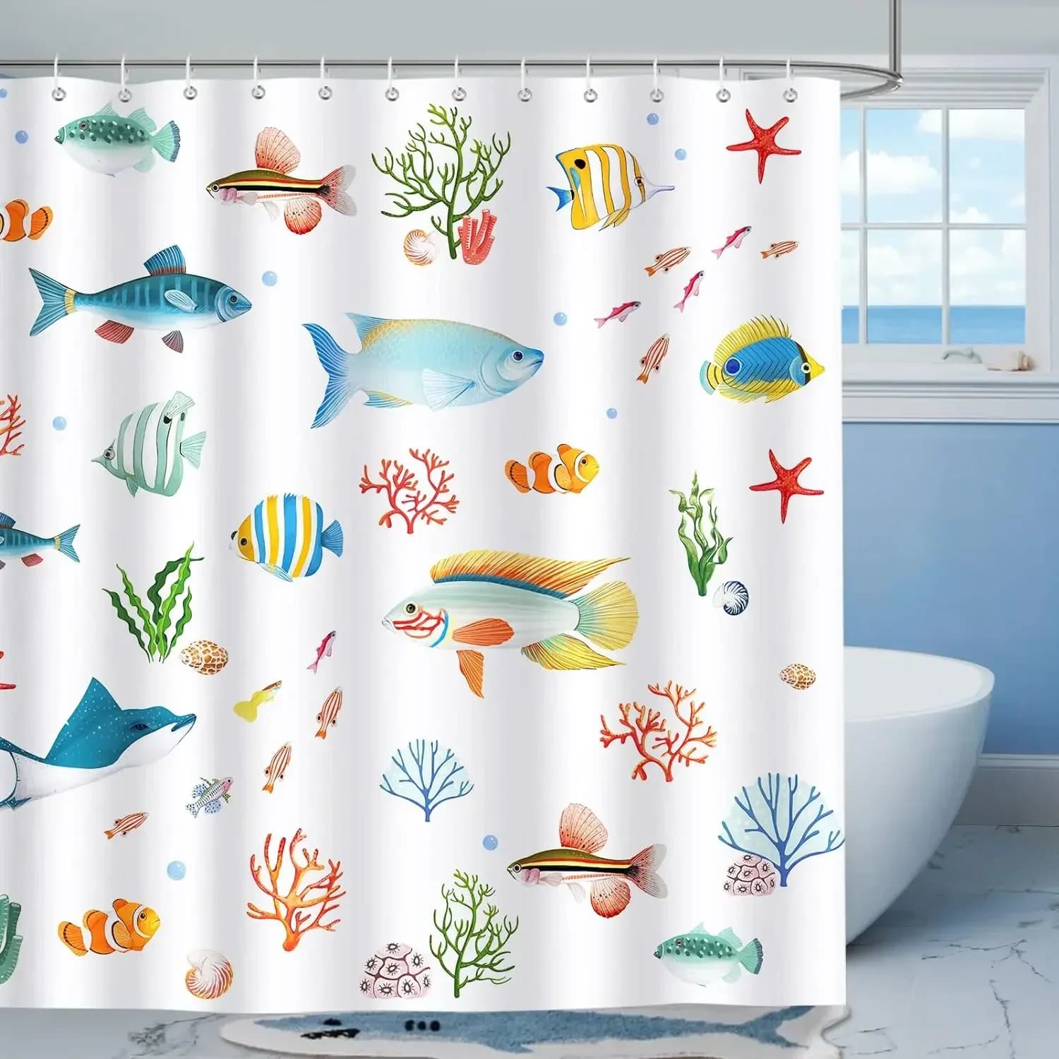 Tenda da doccia oceano per bambini sotto il mare Delfino Pesce Tenda da bagno decorativa blu Tessuto in poliestere Tenda da bagno lavabile