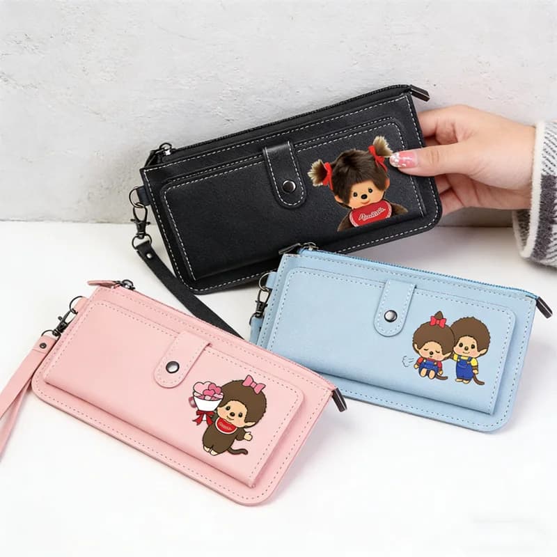 Monchhichi Genuine Leather Long Clutch Money Bag Card Holder Printed Wallet Portable Coin Purse Cell Phone Female Storage Pocket