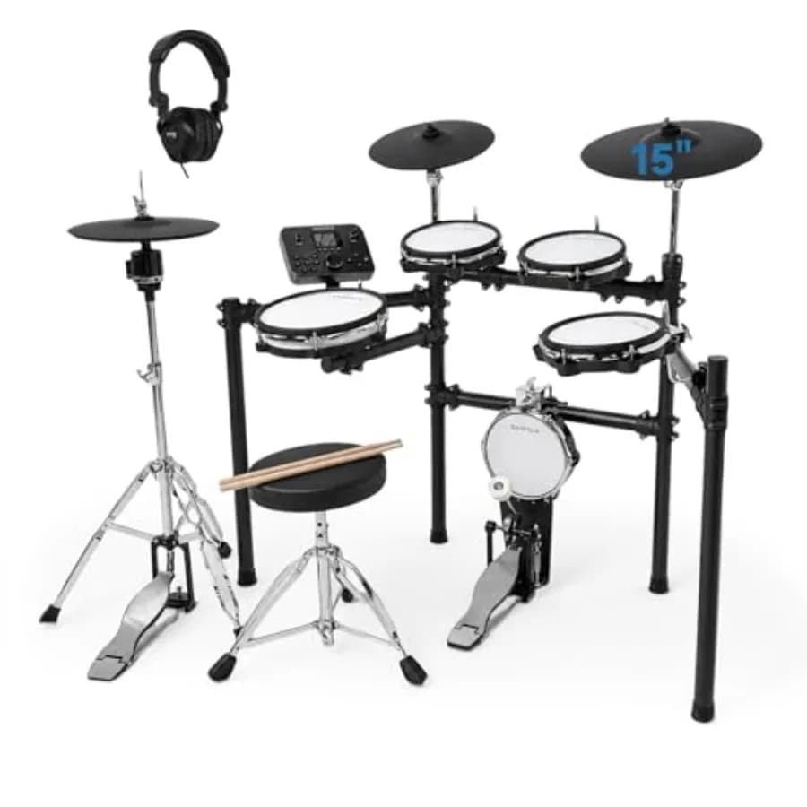 Electric drum set for home practice, mesh pads and wood shells, black finish, ultra-quiet with 460 sounds, USB MIDI, foldable d