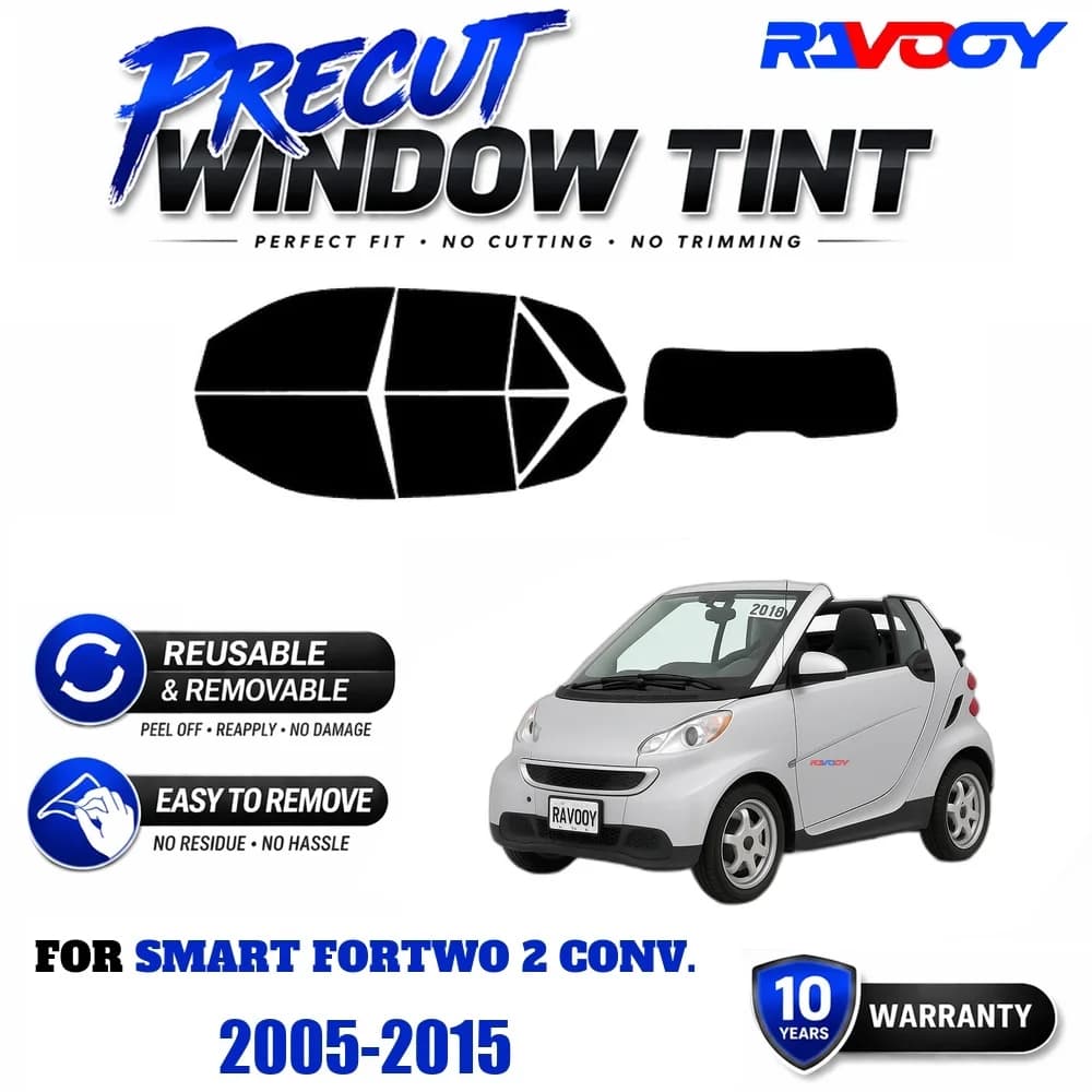 RAVOOY Precut Window Tint, Reusable Removable EPU Film, Custom Fit for Smart Fortwo 2 Conv. 2005-2015, UV Heat Protection